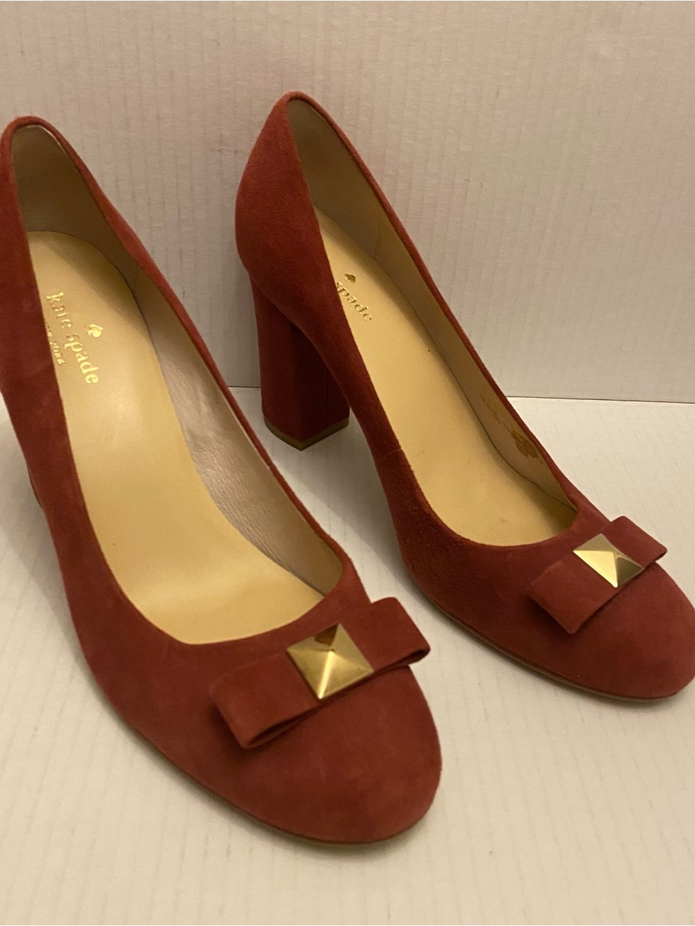 Kate Spade New York Microfiber Suede Woman’s Chunky High Heel Accent Bow Shoes